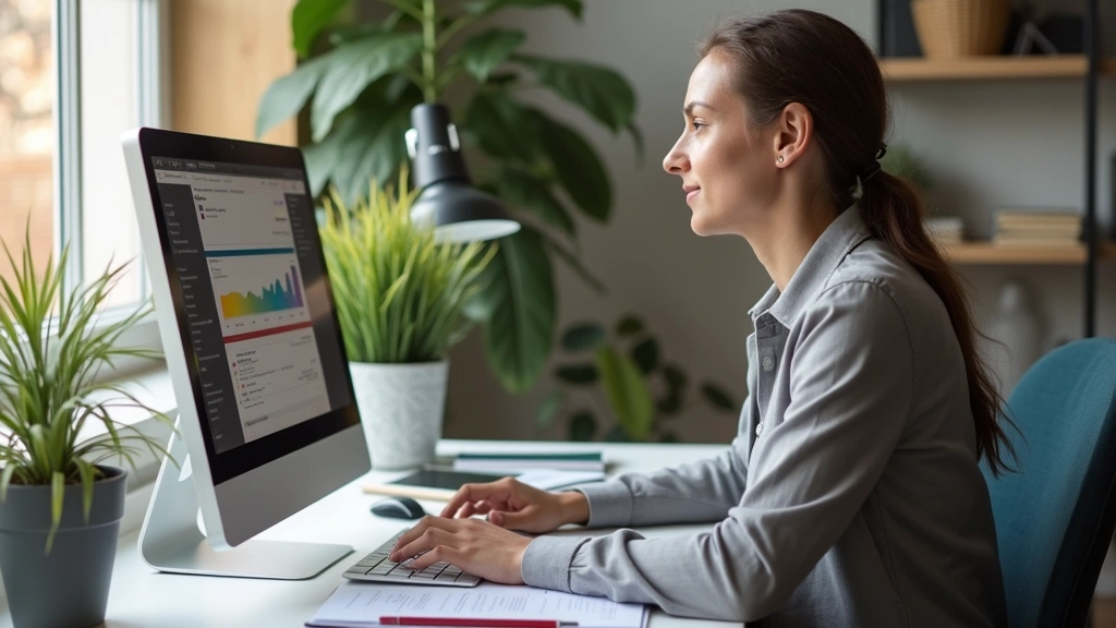 Professional educator working at computer in modern home office with educational materials visible, natural lighting, focused expression