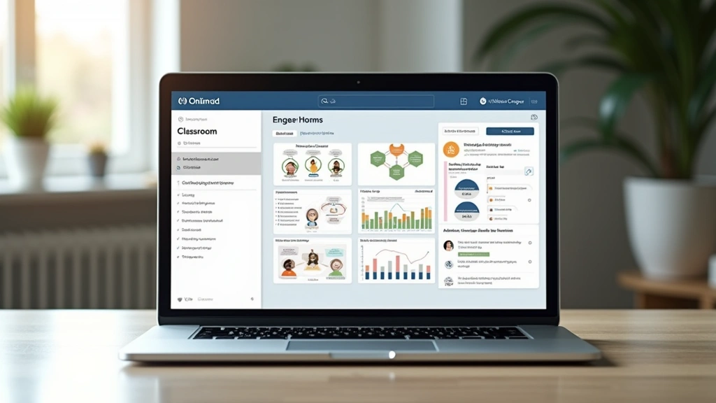 Online classroom interface displayed on laptop screen with student engagement tools, professional virtual learning environmen