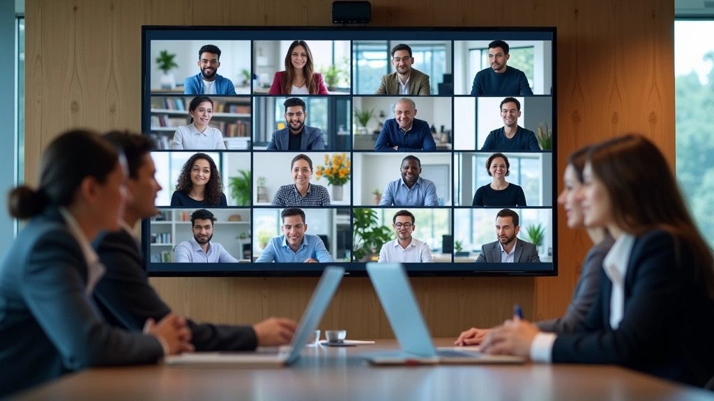 Diverse education professionals in virtual meeting on large monitor screen, collaborative learning atmosphere, modern confere