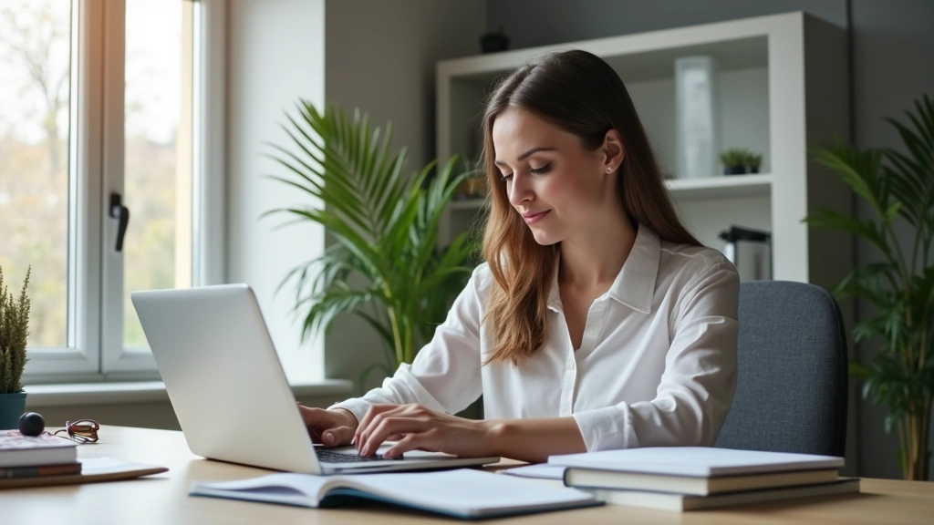 Professional woman in home office studying on laptop with books and notes, natural lighting from window, focused expression, modern workspace setup