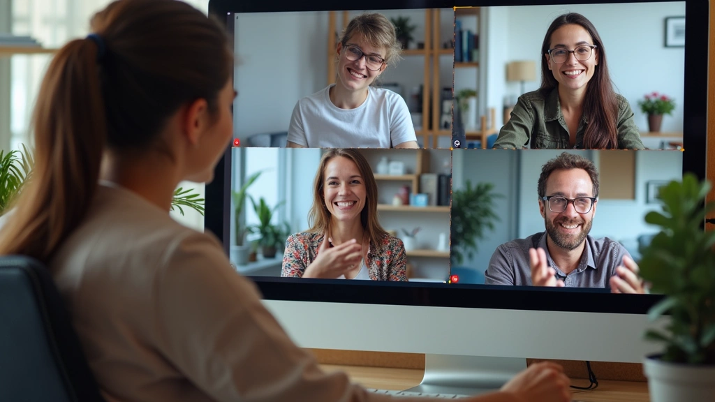 Diverse group of online students in virtual meeting on computer screens, professional setting, collaborative learning environ