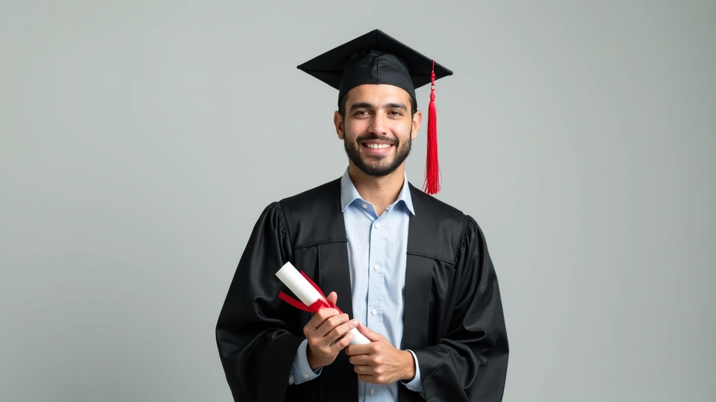 Graduate in academic regalia holding diploma certificate, confident expression, professional studio lighting, isolated on neu