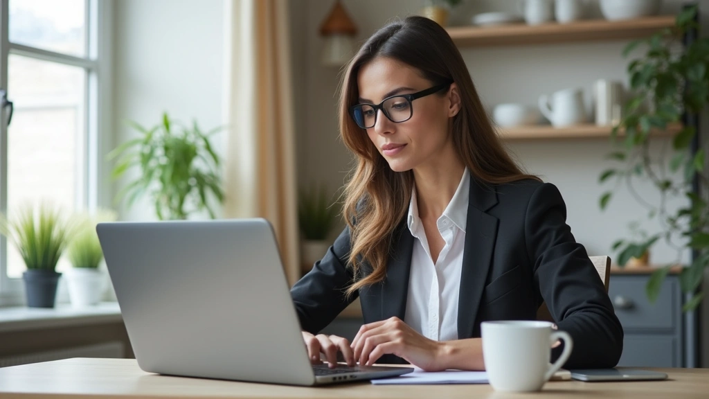 Professional woman in business attire working on laptop at modern desk with coffee, natural lighting from window, focused expression, home office setting