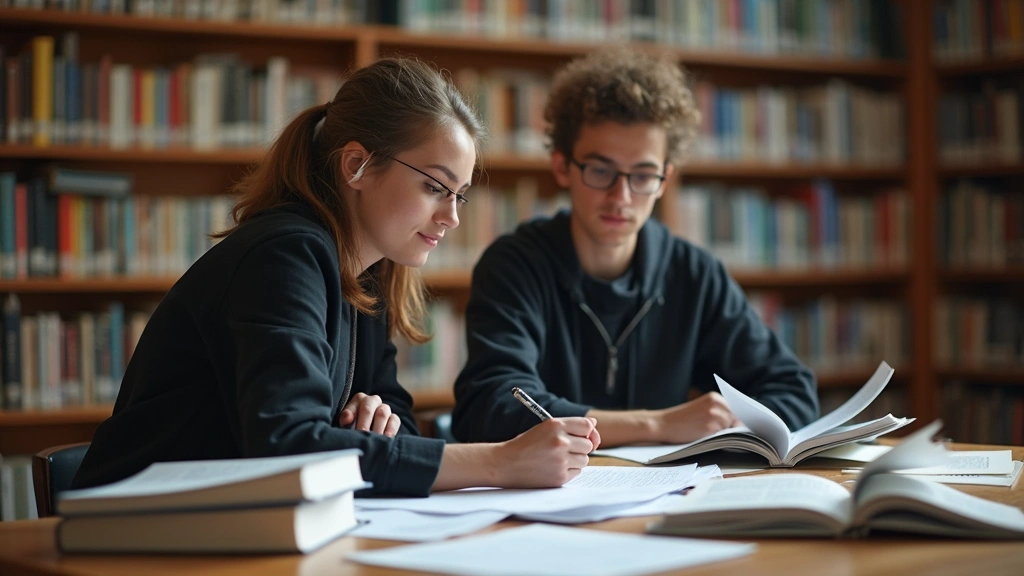 Graduate student in library studying research materials, surrounded by academic books and notes, concentrated on work, warm l
