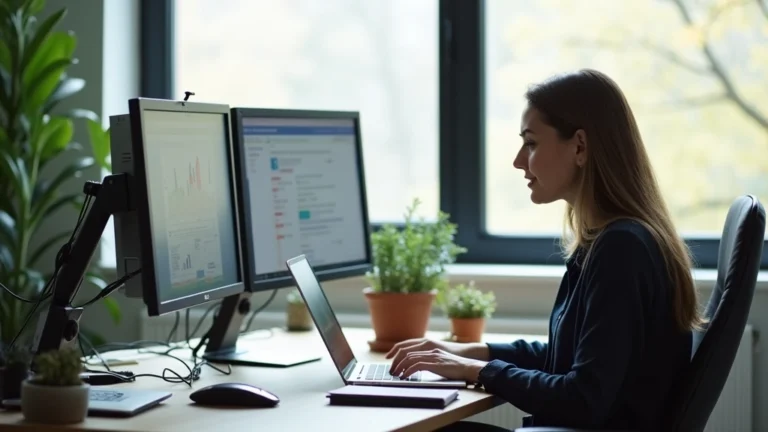 Professional woman working on laptop at modern home office desk with multiple monitors, studying doctoral coursework, focused expression, natural lighting from window