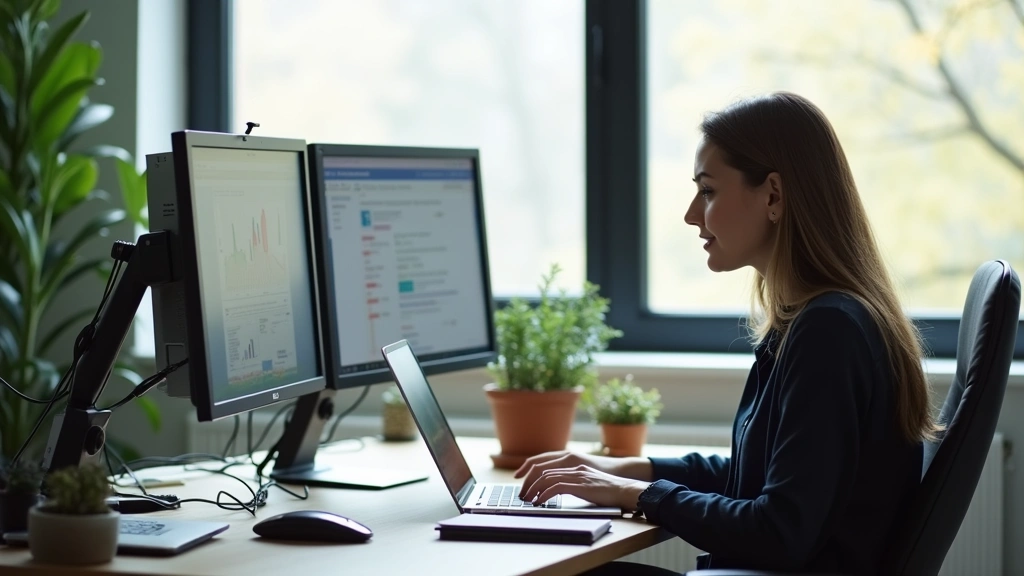 Professional woman working on laptop at modern home office desk with multiple monitors, studying doctoral coursework, focused expression, natural lighting from window