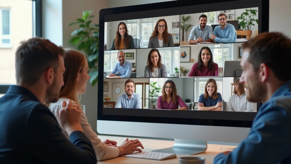 Diverse group of graduate students in virtual online classroom meeting, video conference on computer screens, collaborative l