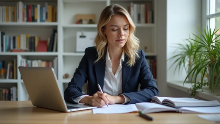 Professional woman in business attire studying at laptop in modern home office, surrounded by books and academic materials, natural lighting from window, focused expression