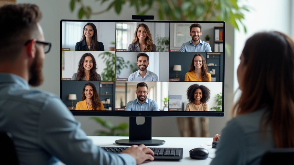 Diverse group of graduate students in virtual classroom meeting on computer screens, professional setting, collaborative lear