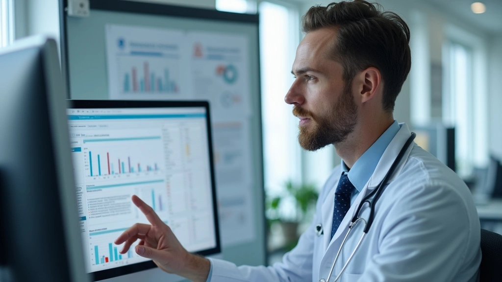 Male healthcare professional in white coat reviewing research data on computer monitor in clinical office setting, medical ch