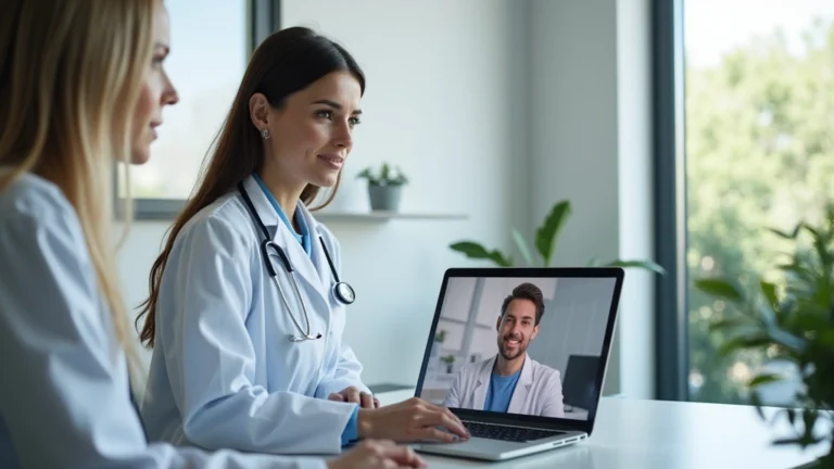 Professional woman doctor in white coat during video consultation on laptop in modern medical office, patient visible on screen, natural lighting