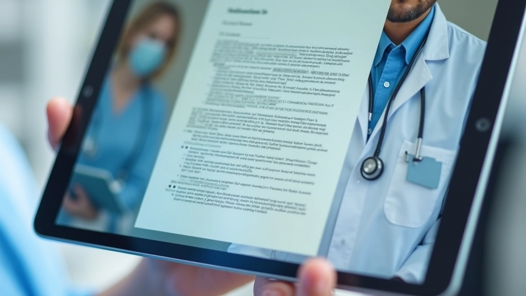 Close-up of digital tablet showing secure patient portal with doctors note document and signature, healthcare setting backgro