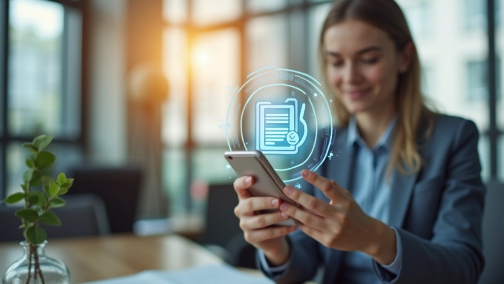 Young professional receiving digital notification on smartphone with medical document icon, modern office environment, natura