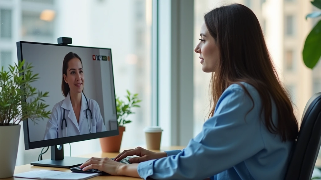 Professional female psychiatrist conducting virtual consultation with patient on computer screen in modern medical office setting, calm therapeutic environment