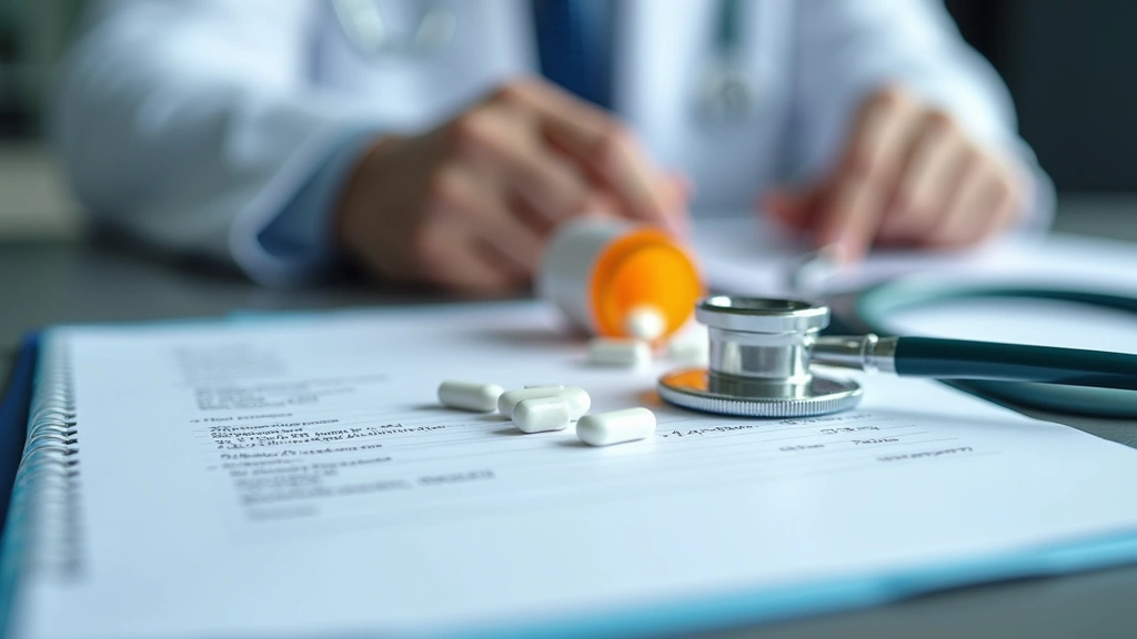 Close-up of prescription pad with Adderall medication bottle and stethoscope on healthcare providers desk, clinical lighting