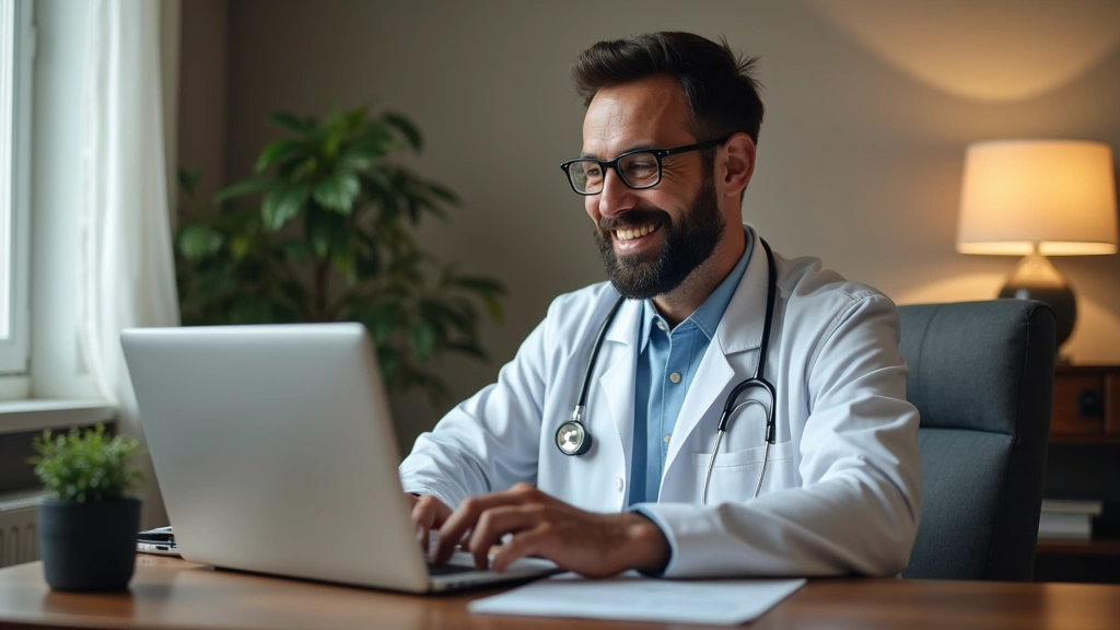 Male patient in home office taking video call with doctor on laptop, comfortable residential setting, healthcare technology i