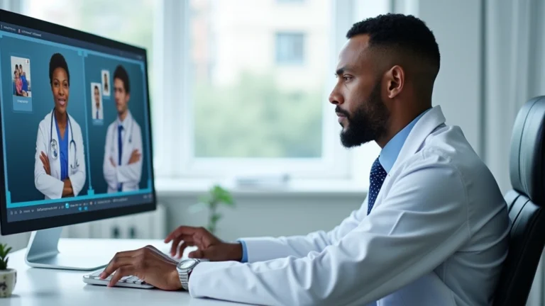 Doctor in white coat sitting at desk reviewing medical records during video consultation on computer screen, professional medical office background