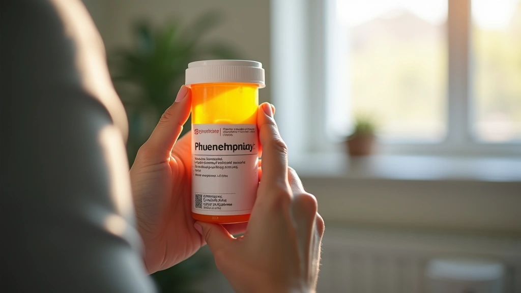 Patient holding prescription bottle of phentermine medication at home, clear pharmacy label visible, natural lighting from wi