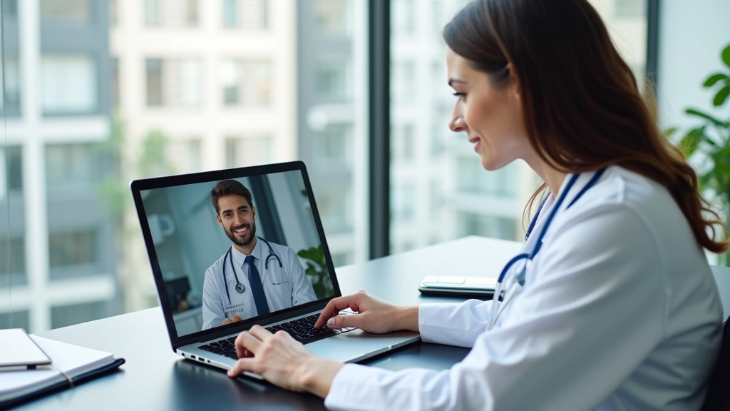 Professional healthcare provider in white coat conducting video consultation on laptop with patient visible on screen, modern