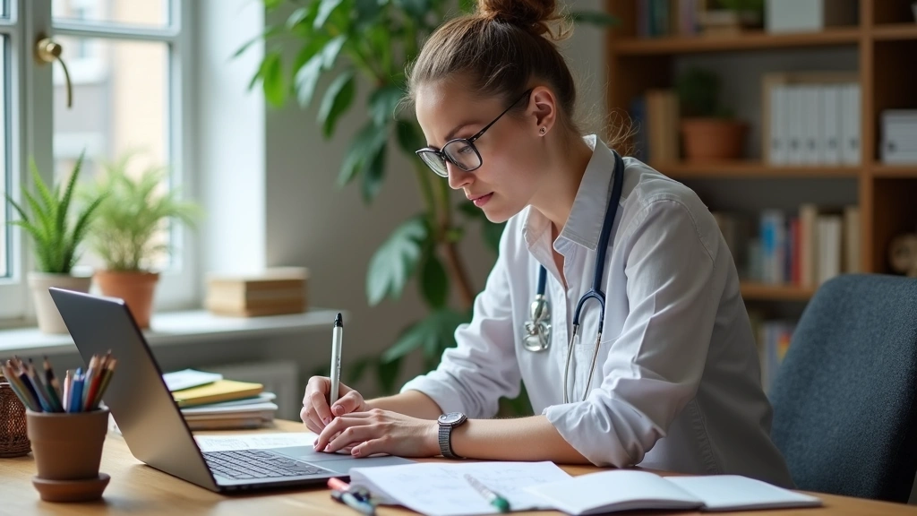Professional educator working at desk with laptop and educational materials, modern home office setting, natural lighting, focused expression