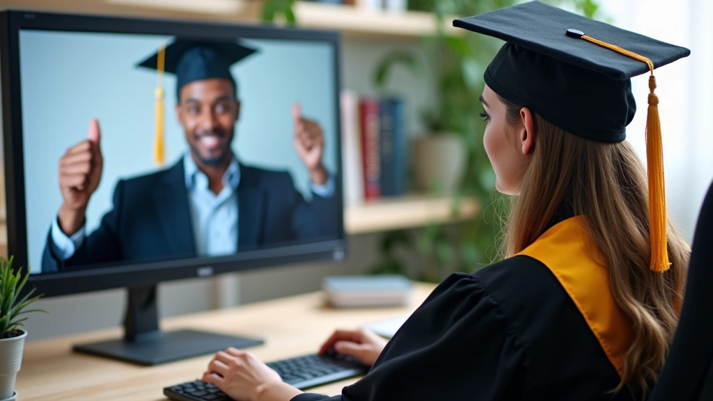 Graduate student in virtual classroom, video conference on computer screen, professional attire, modern study space with book