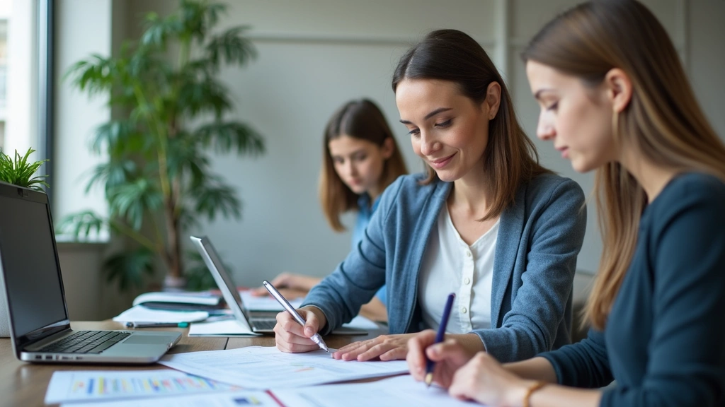 School administrator in modern office reviewing documents and computer data, professional environment, leadership setting wit