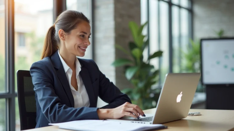 Professional woman in business attire sitting at desk with laptop and education documents, focused on online learning, modern office setting with natural lighting, no text visible