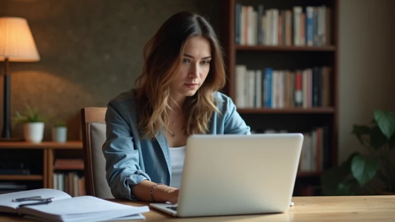Professional educator reviewing coursework on laptop in modern home office with bookshelves, warm lighting, focused expression