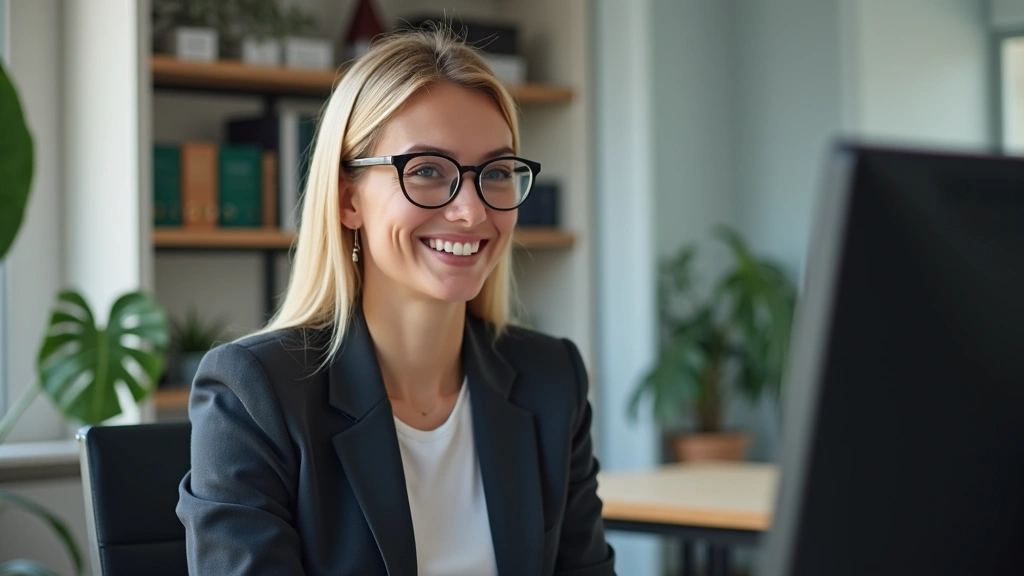 Female school administrator in business attire leading virtual meeting on computer screen, professional office background
