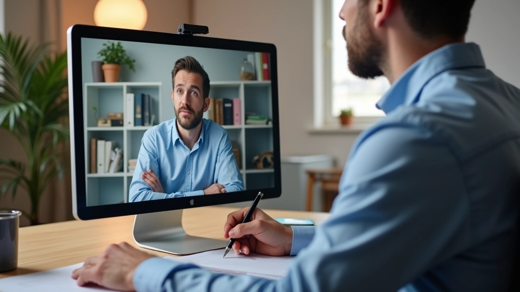 Male psychologist conducting virtual supervision session on computer screen, professional home office background, taking note