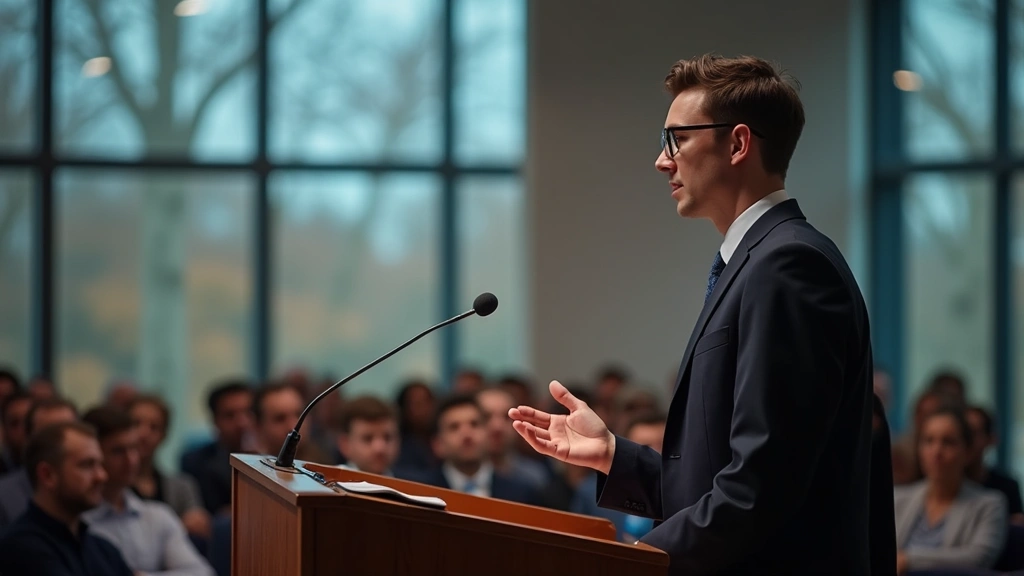Forensic psychology graduate in professional attire presenting research findings at university conference podium, audience in