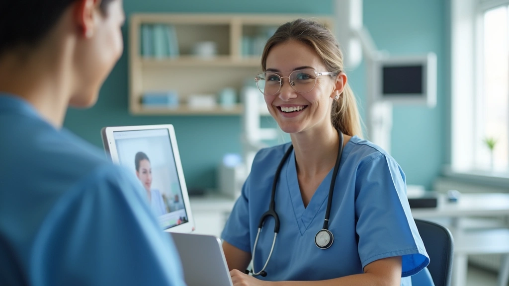 Professional woman in medical scrubs during telehealth video consultation on laptop, modern clinic setting with medical equipment visible in background