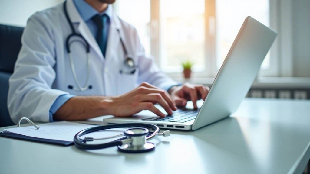 Doctors hands typing medical notes on computer keyboard in bright medical office, with stethoscope and tablet on desk, profes