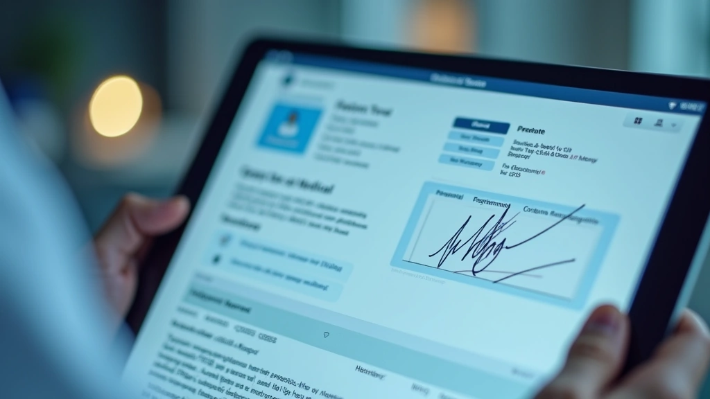 Close-up of digital medical document on tablet screen showing doctors note with signature, patient portal interface, modern h