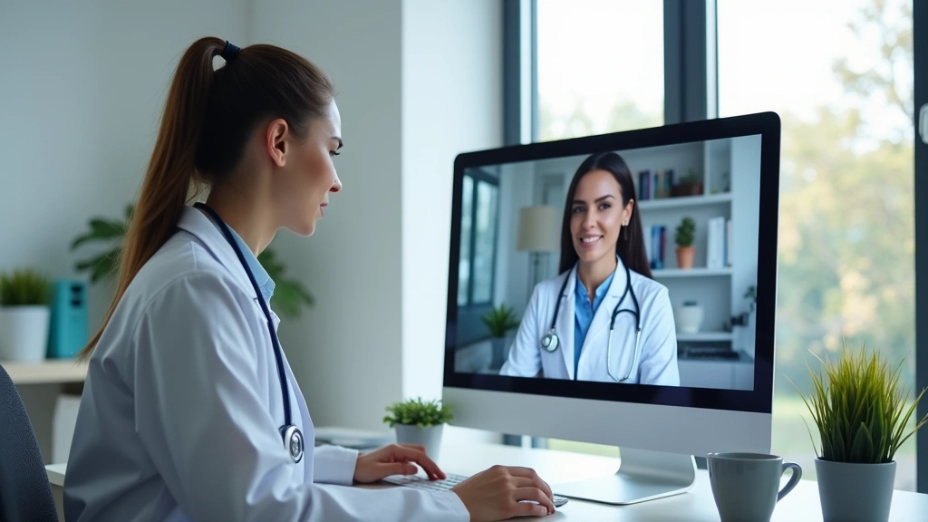 Professional female doctor in white coat conducting virtual telehealth consultation on computer screen with patient visible, modern medical office background, natural lighting