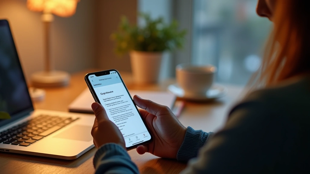 Patient using smartphone to access healthcare portal with doctors note document visible on screen, sitting at home desk with 