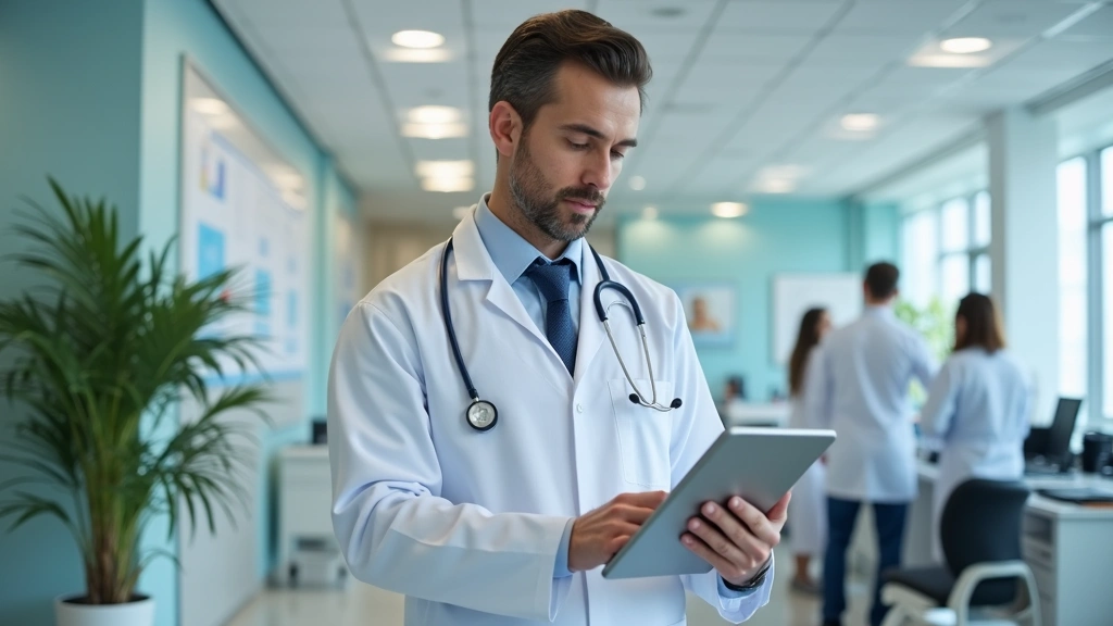 Medical professional reviewing patient records on tablet device in contemporary clinic setting, professional attire, organize