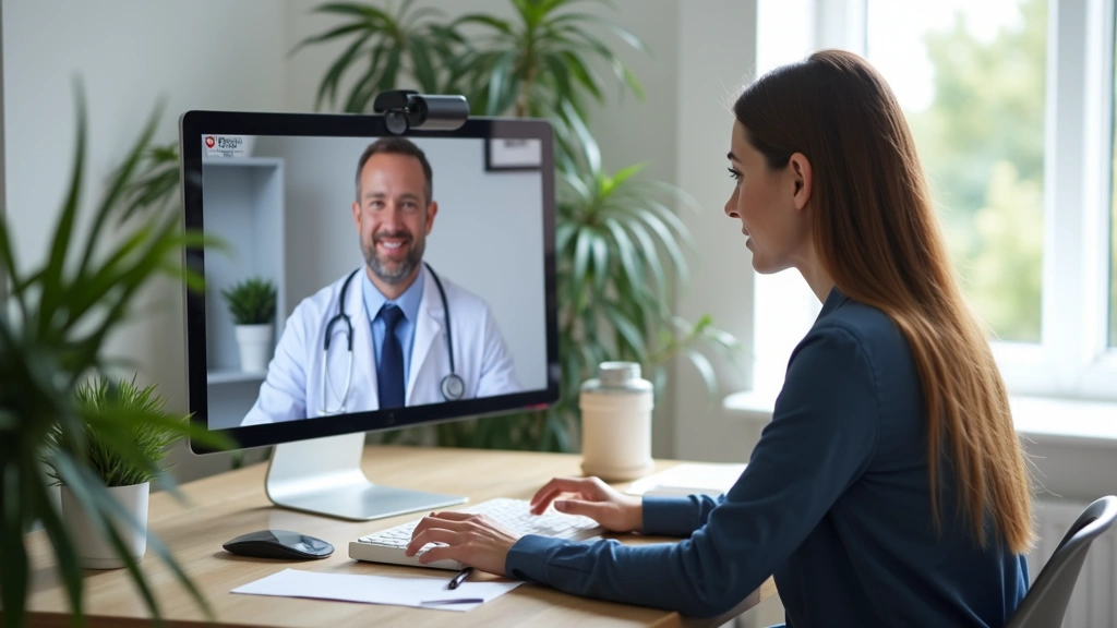 Professional woman sitting at desk during video consultation with doctor on computer screen, modern home office setting, natural lighting, focused expression