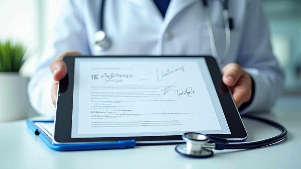 Digital tablet displaying medical note document with doctors signature, stethoscope beside it, clean medical office backgroun