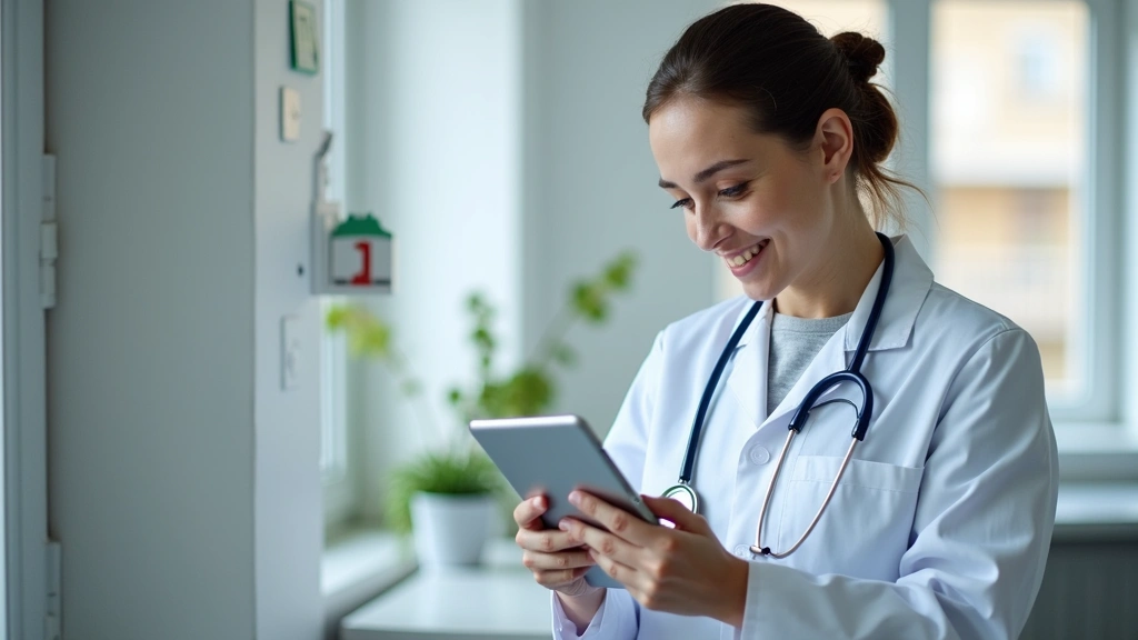 Licensed physician in white coat reviewing patient information on tablet during virtual telehealth appointment, professional 