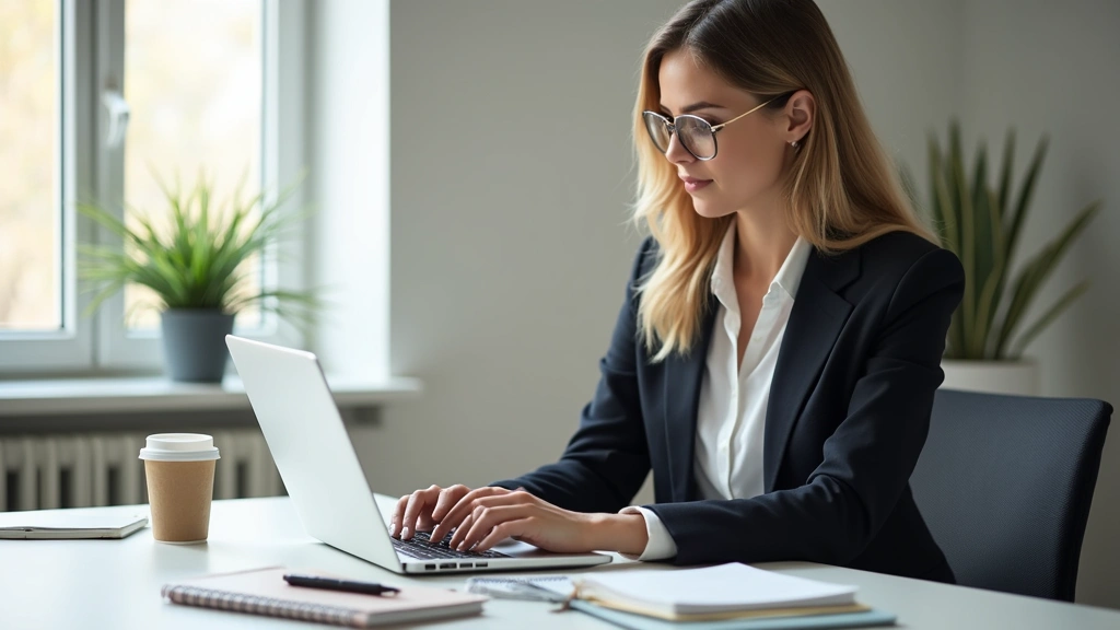 Professional woman in business attire studying on laptop at home office desk with notebooks and coffee cup, natural daylight from window, focused expression, modern minimalist workspace