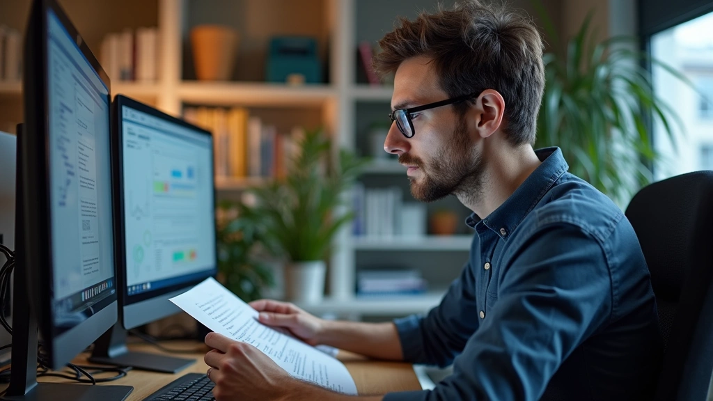 Male engineer reviewing technical documents at computer workstation in home office, wearing casual professional clothing, mul
