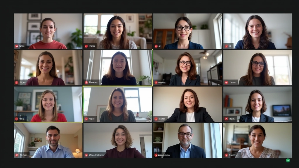 Diverse group of graduate students in virtual meeting on large screen during online class discussion, professional home offic