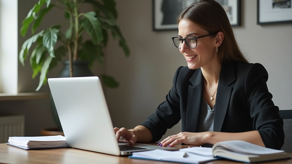Professional woman studying law on laptop at home office desk with legal books, natural lighting, focused expression, modern workspace setup