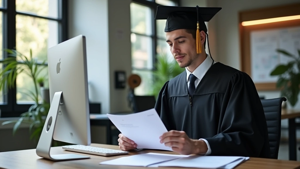 Law graduate in professional attire reviewing documents at desk with computer, confident posture, contemporary office environ