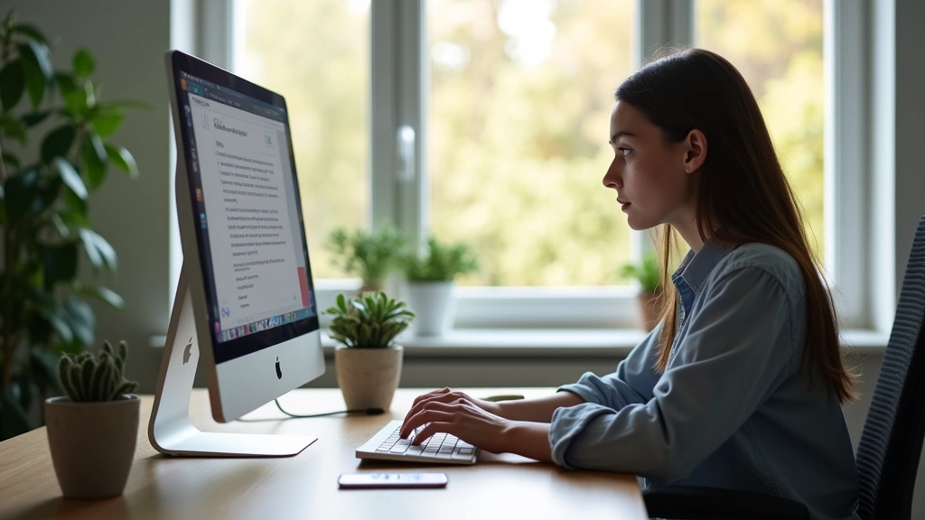 Student taking online exam or class on computer screen, professional home office setting, focused concentration, natural dayl