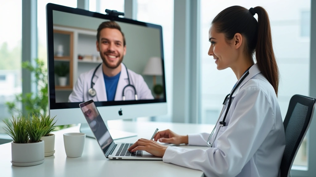 Professional woman doctor in white coat on video call with patient on laptop screen, modern bright telehealth office setting, friendly medical consultation atmosphere