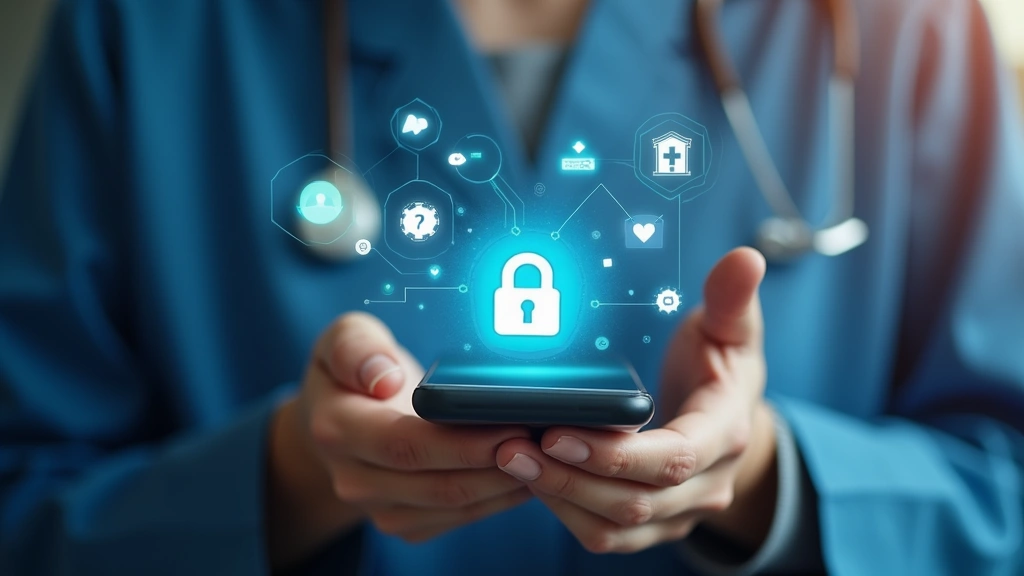 Hands holding smartphone showing secure medical application interface with encryption symbols, healthcare data protection con
