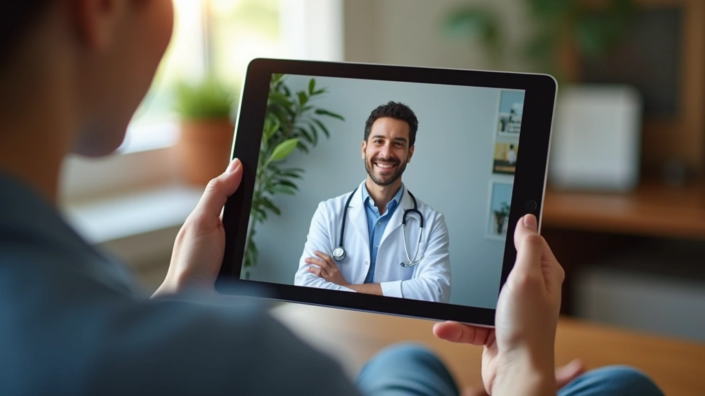 Patient sitting at home desk during virtual medical consultation on tablet, comfortable home environment, professional health