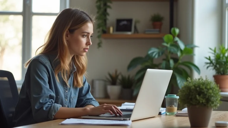 Professional adult student working at laptop in home office, taking online doctoral program course, focused expression, natural lighting from window, modern workspace setup